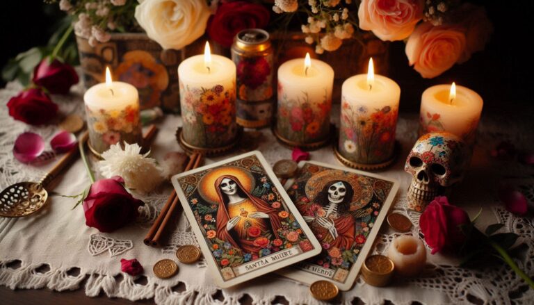 candles and flowers tarot santa muerte